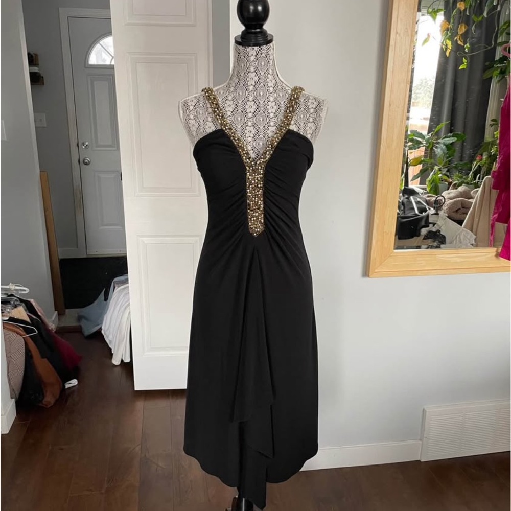 Vintage Y2K 2000s Midi Dress With Gold Sequin Beaded Detail. Small